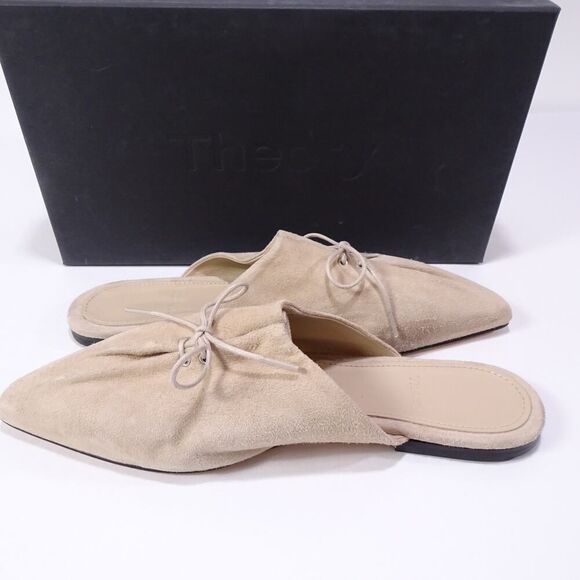 Theory Women's Pleated Mule Flats Sandals in Leather Ecru NIB 398 Sz 37 - Picture 3 of 12